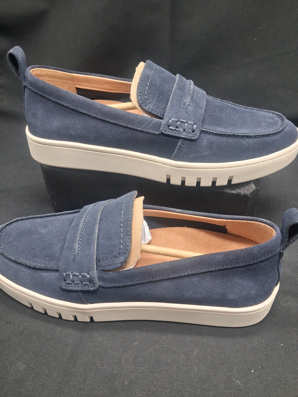 Vionic Navy Suede Chantel Penny Loafers with Cream Platform Sole
